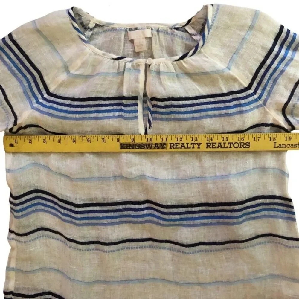 J Crew 100% Linen Peasant Blouse Womens Sz S Sheer Indigo Striped Coastal Beach